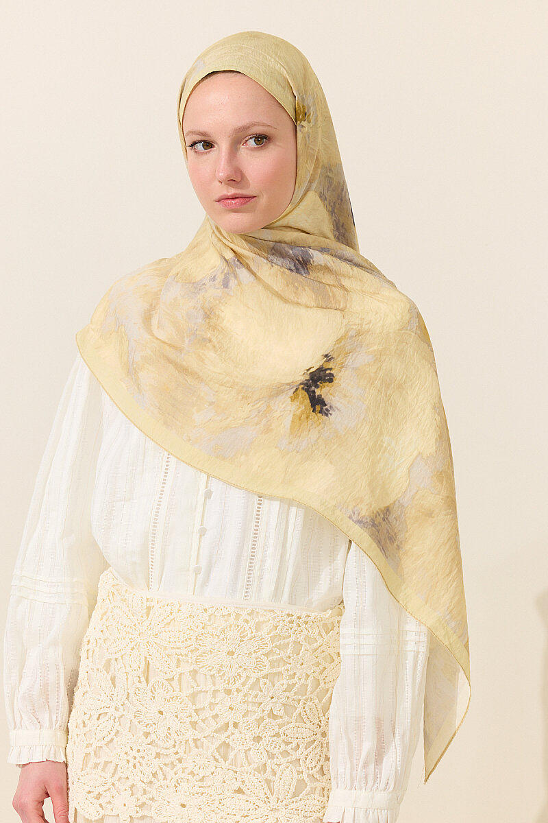 Flora Pamuk Viskon Şal - Tereyağ Sarısı - 1