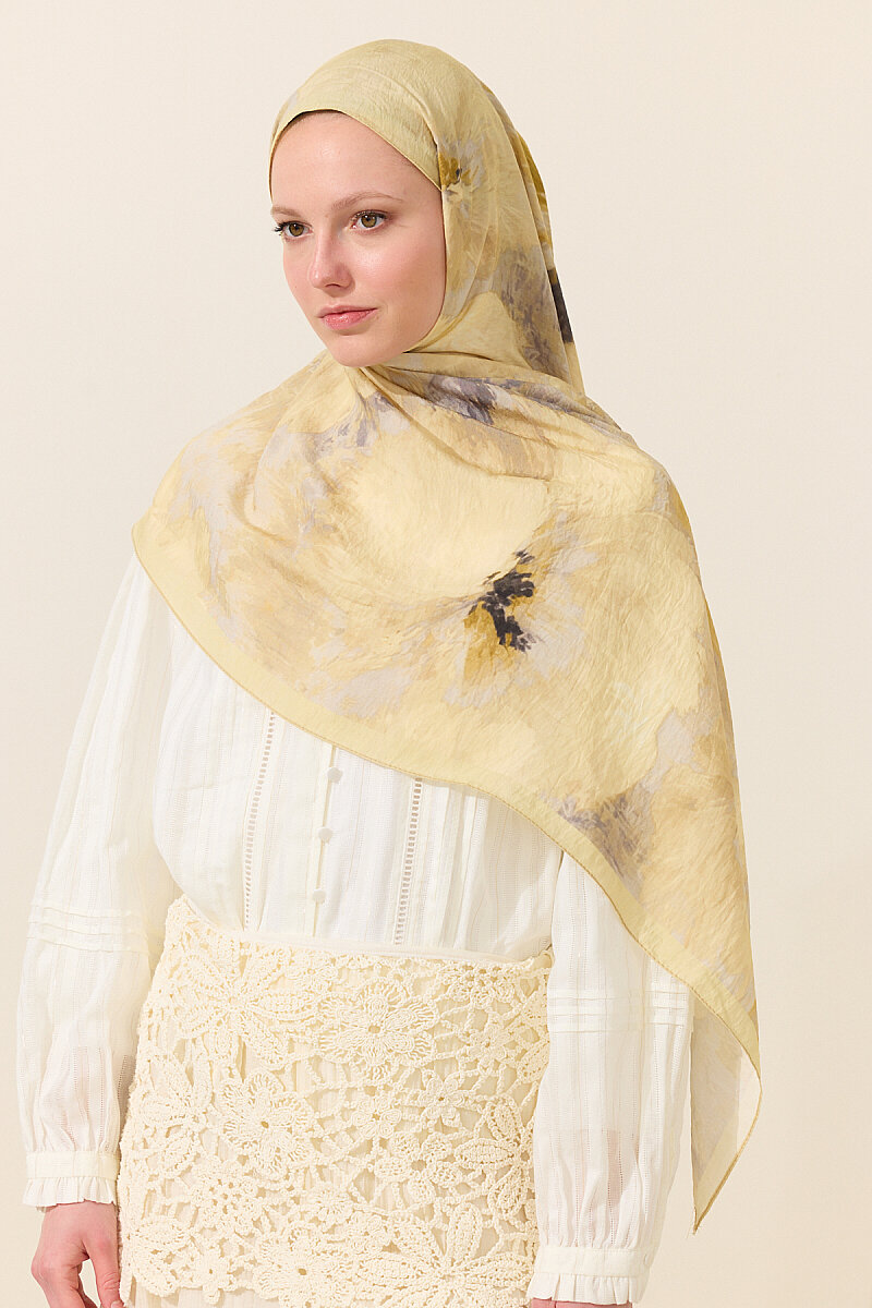 Flora Pamuk Viskon Şal - Tereyağ Sarısı - 4