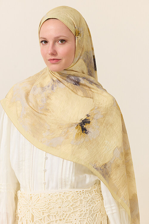 Flora Pamuk Viskon Şal - Tereyağ Sarısı - Camellia Scarfs (1)