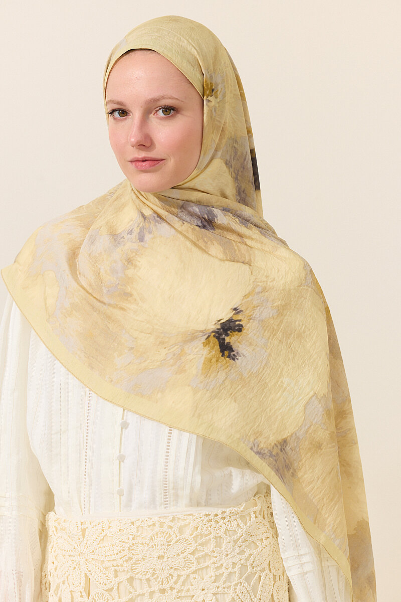 Flora Pamuk Viskon Şal - Tereyağ Sarısı - 2