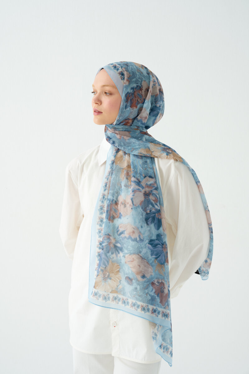 Floransa İpek Krep Şal - Bebe Mavisi - 4