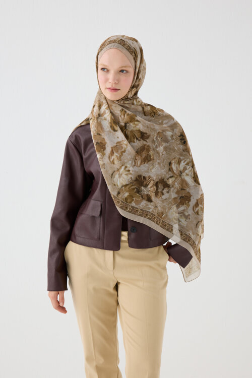 Floransa İpek Krep Şal - Bej - Camellia Scarfs