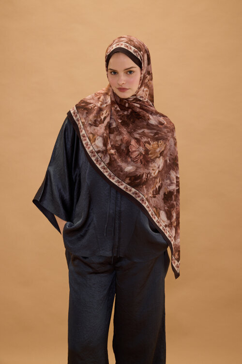 Floransa İpek Krep Şal - Kahve - Camellia Scarfs (1)