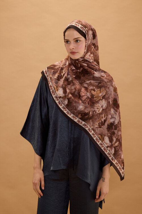 Floransa İpek Krep Şal - Kahve - Camellia Scarfs