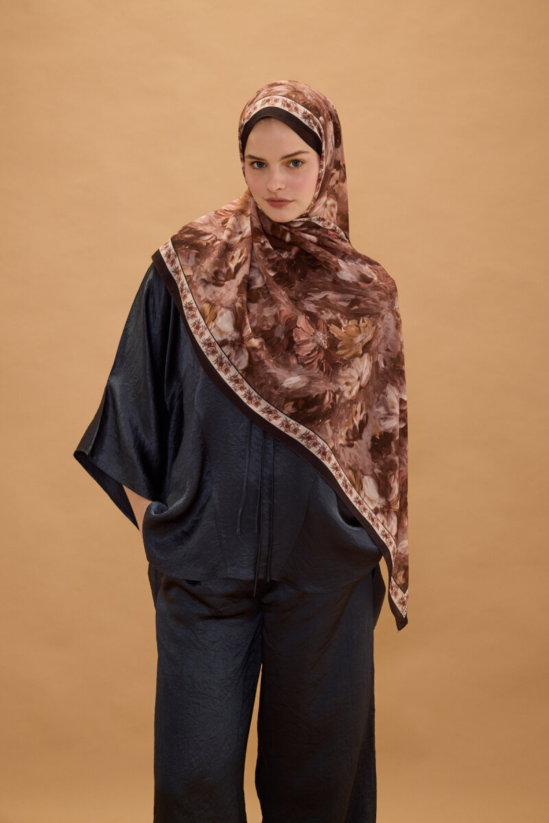 Floransa İpek Krep Şal - Kahve - 2