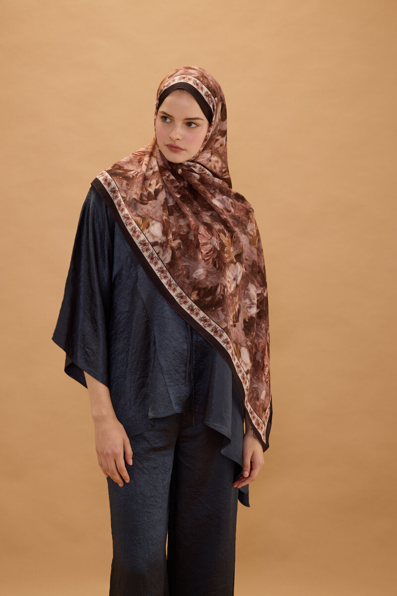 Floransa İpek Krep Şal - Kahve - 4