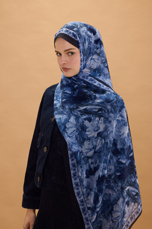 Floransa İpek Krep Şal - Lacivert - Camellia Scarfs