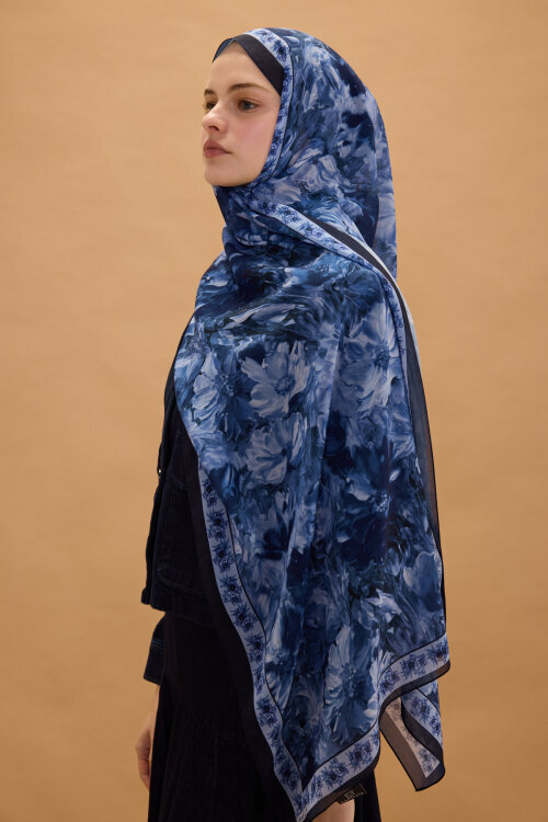 Floransa İpek Krep Şal - Lacivert - Camellia Scarfs (1)
