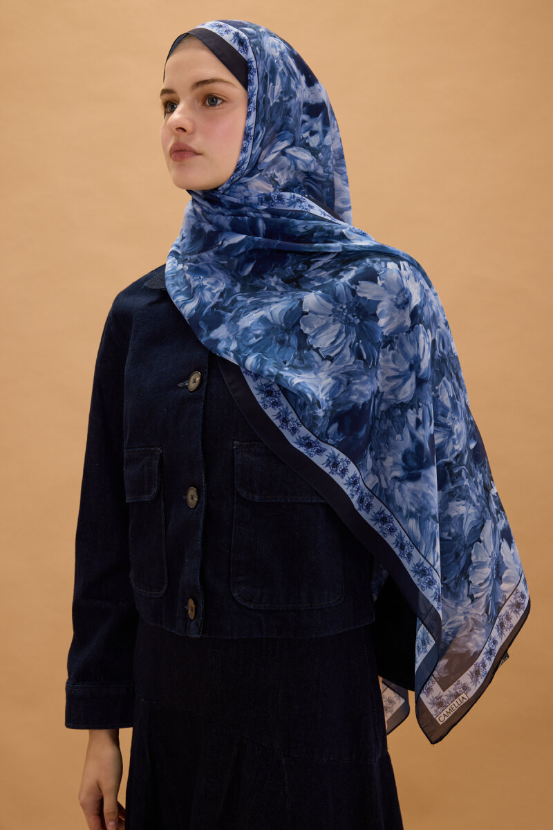 Floransa İpek Krep Şal - Lacivert - 4