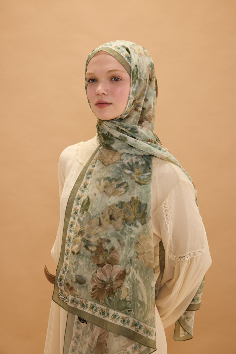 Floransa İpek Krep Şal - Olive - 2