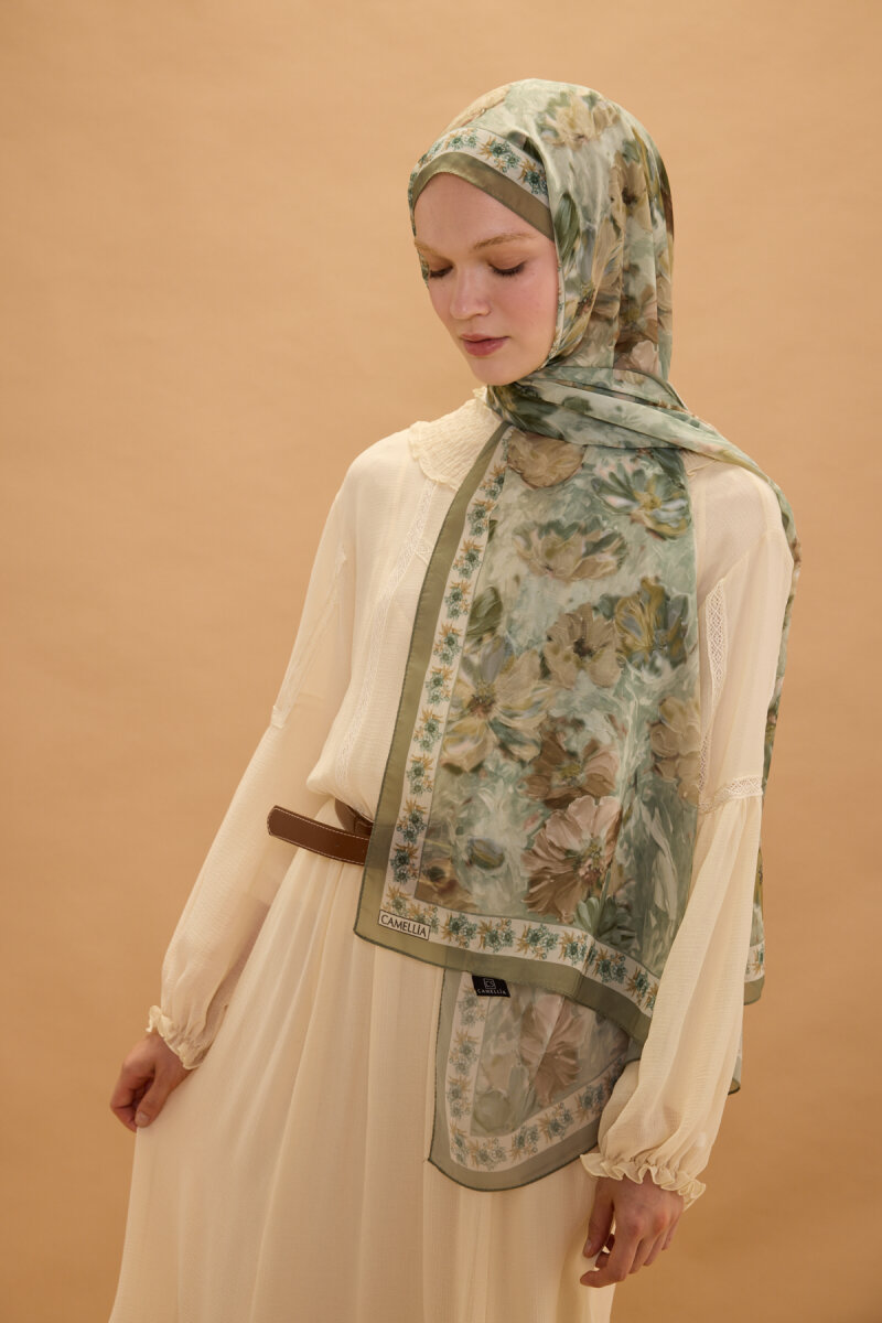 Floransa İpek Krep Şal - Olive - 3