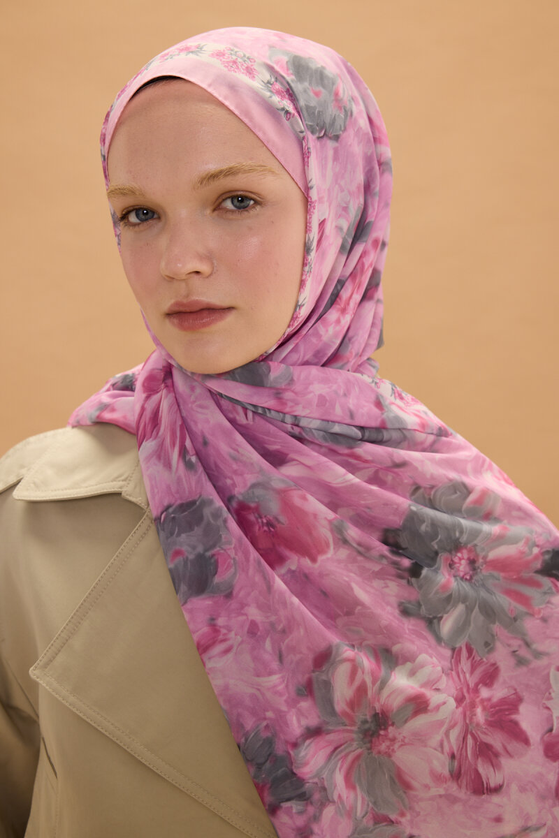 Floransa İpek Krep Şal - Pembe Gri - 3