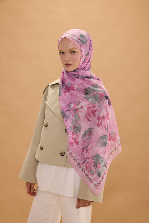 Floransa İpek Krep Şal - Pembe Gri - Camellia Scarfs (1)