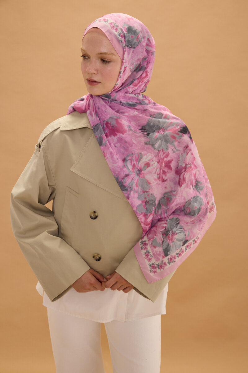 Floransa İpek Krep Şal - Pembe Gri - 4