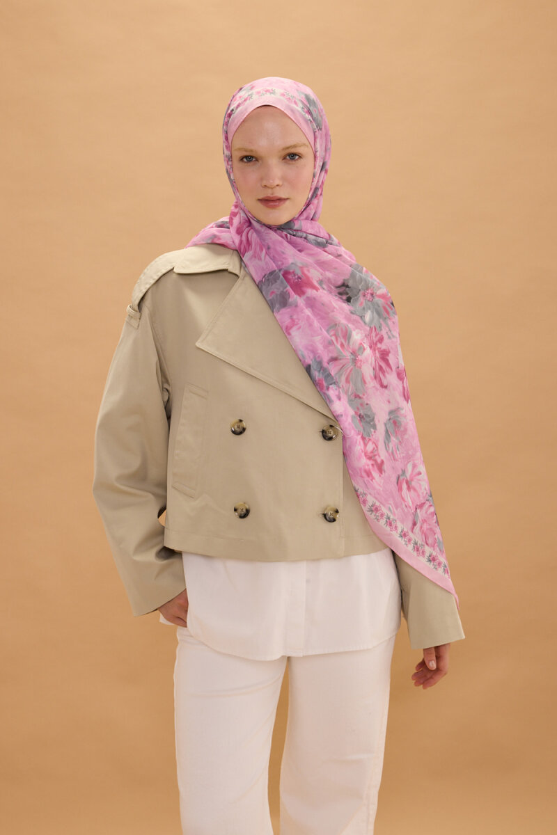 Floransa İpek Krep Şal - Pembe Gri - 1