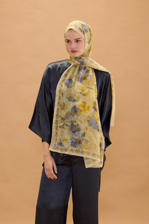 Floransa İpek Krep Şal - Sarı Gri 
