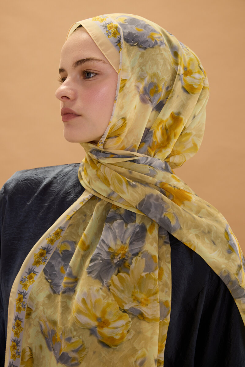 Floransa İpek Krep Şal - Sarı Gri - 3