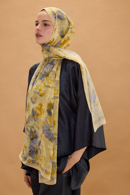 Floransa İpek Krep Şal - Sarı Gri - Camellia Scarfs (1)