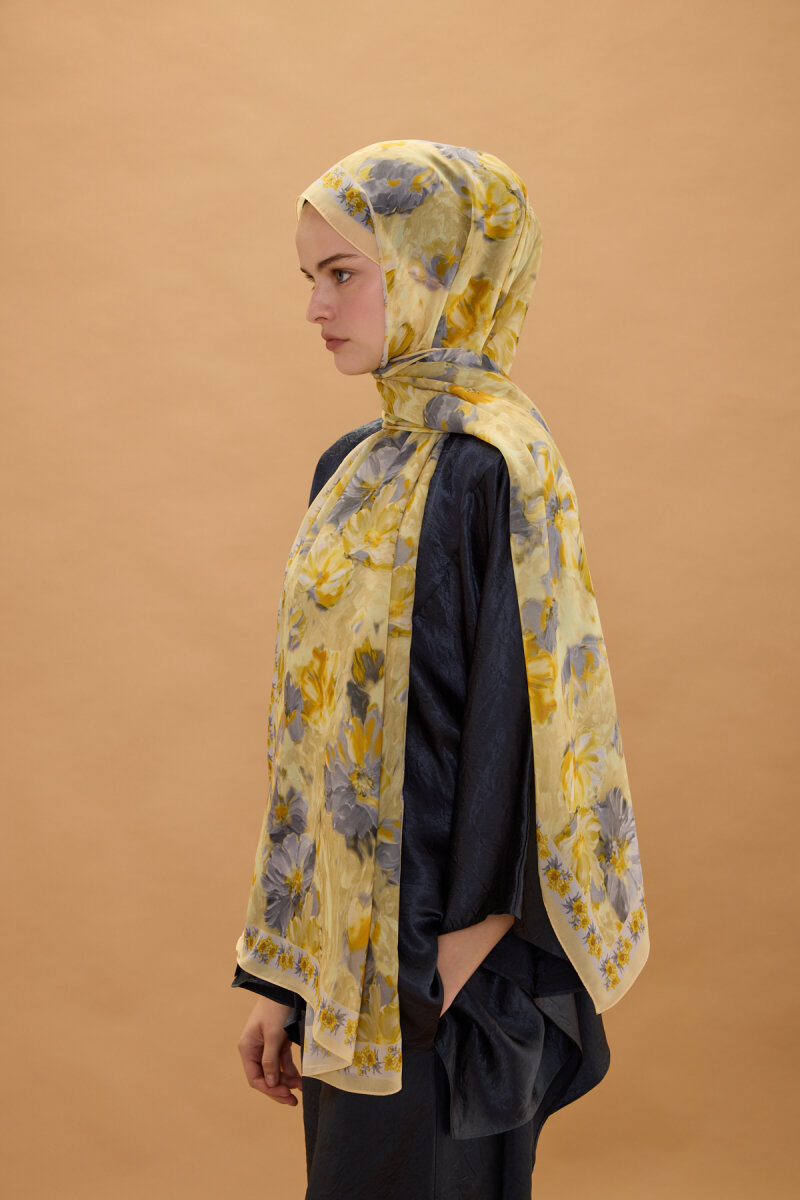 Floransa İpek Krep Şal - Sarı Gri - 4