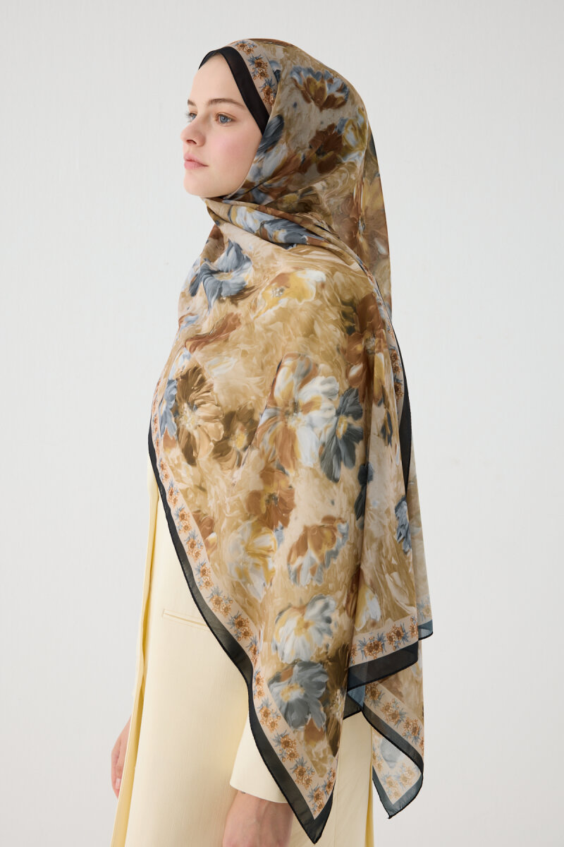 Floransa İpek Krep Şal - Siyah Bej - 3