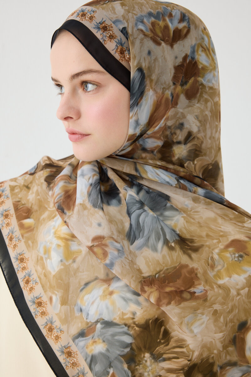 Floransa İpek Krep Şal - Siyah Bej - 4