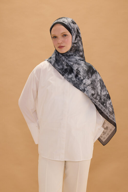 Floransa İpek Krep Şal - Siyah - Camellia Scarfs