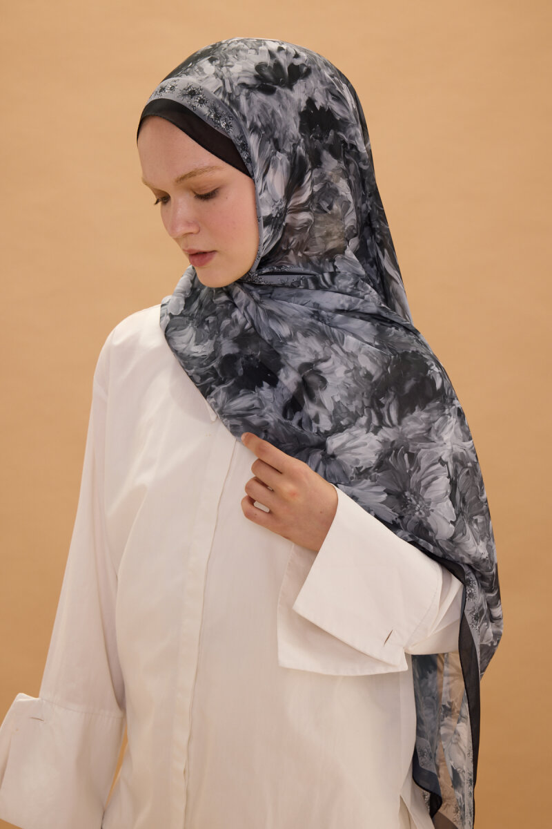 Floransa İpek Krep Şal - Siyah - 3