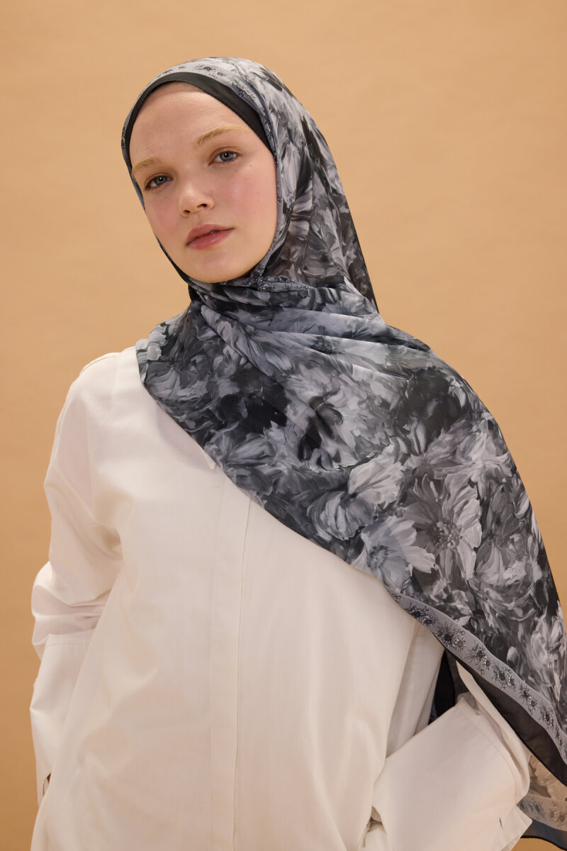 Floransa İpek Krep Şal - Siyah - 4