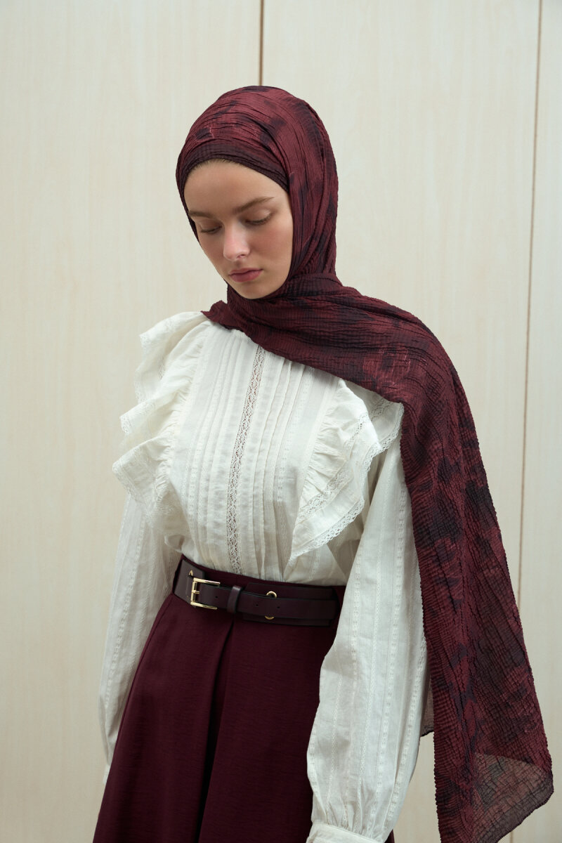 Frosted Bloom Müslin Şal - Bordo - 4