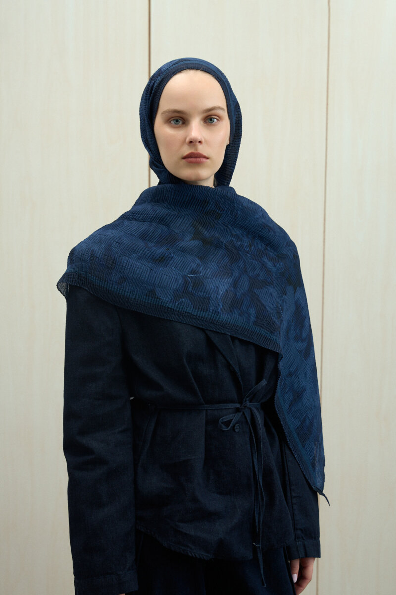 Frosted Bloom Müslin Şal - Gece Mavisi - 1