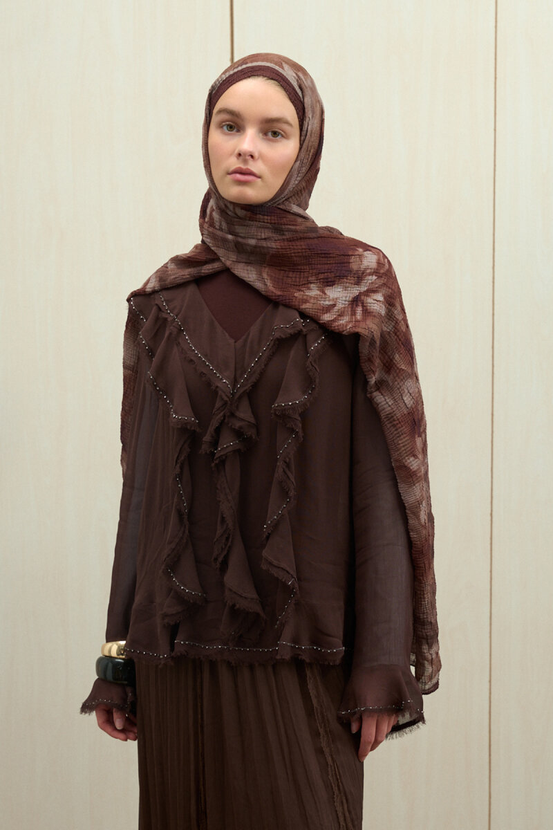 Frosted Bloom Müslin Şal - Kahve - 1