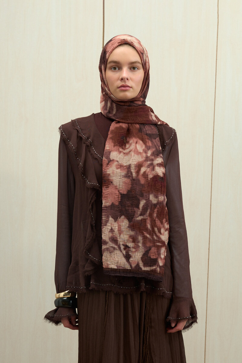 Frosted Bloom Müslin Şal - Kızıl Kahve - 1