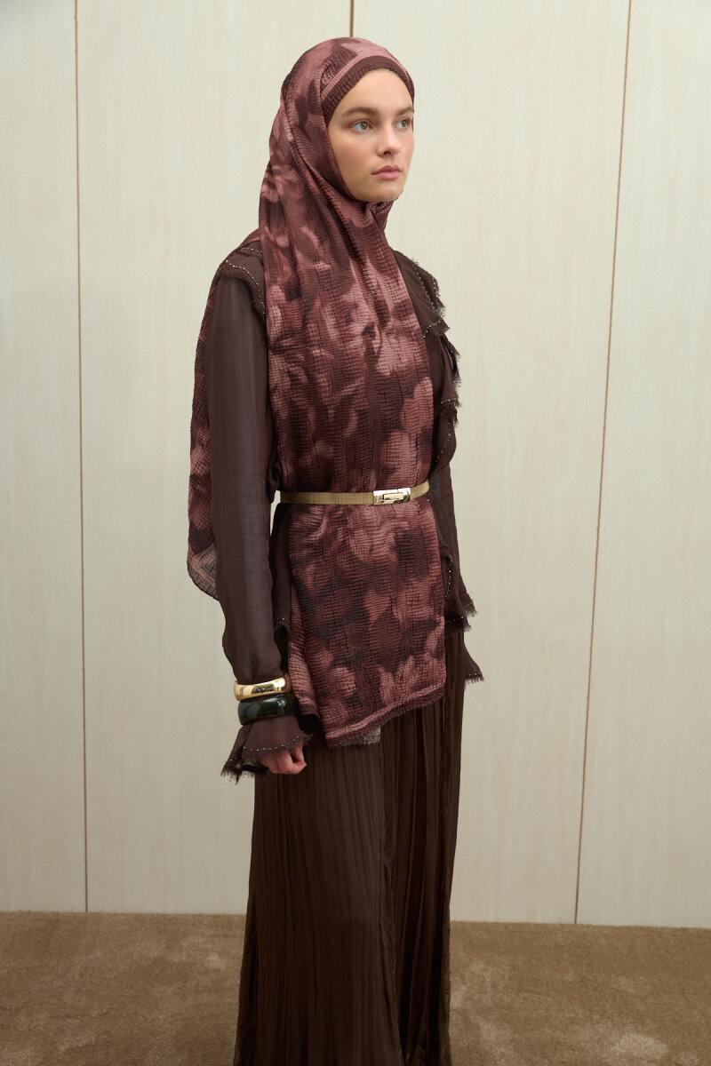 Frosted Bloom Müslin Şal - Pudra Kahve - 4