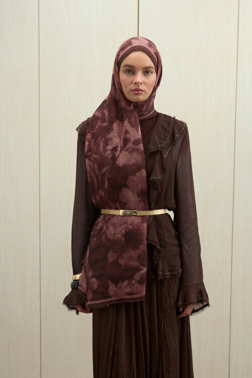 Frosted Bloom Müslin Şal - Pudra Kahve 