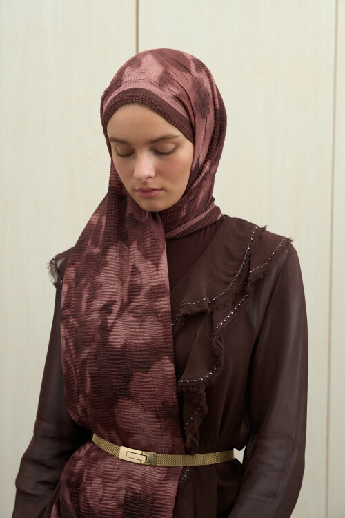 Frosted Bloom Müslin Şal - Pudra Kahve - Camellia Scarfs (1)