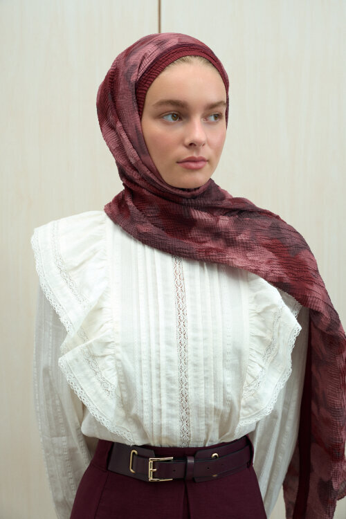 Frosted Bloom Müslin Şal - Vişne - Camellia Scarfs (1)