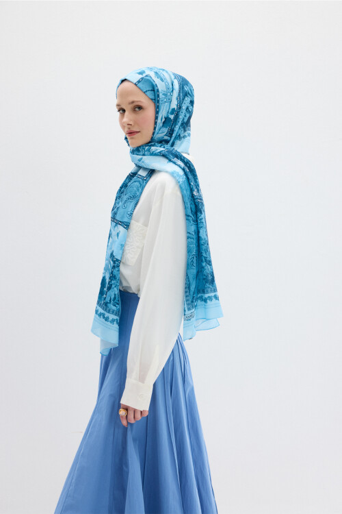 Harmony Desen Soft Şal - Mavi - Camellia Scarfs (1)