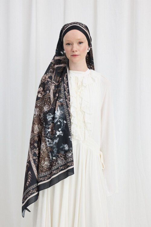 Harmony Desen Soft Şal - Siyah - Kahve - Camellia Scarfs