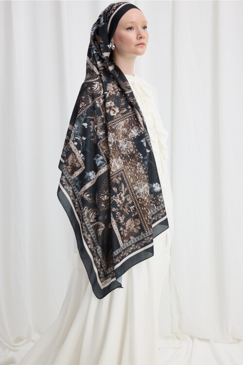 Harmony Desen Soft Şal - Siyah - Kahve - Camellia Scarfs (1)