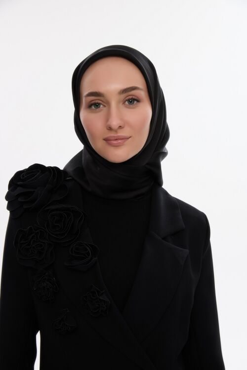 İdol Saten Janjan Eşarp - Siyah - Camellia Scarfs (1)
