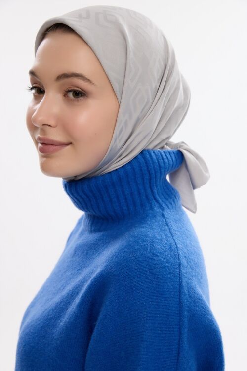 İpeksi Jakar Dama Desen Eşarp - Gümüş Gri - Camellia Scarfs