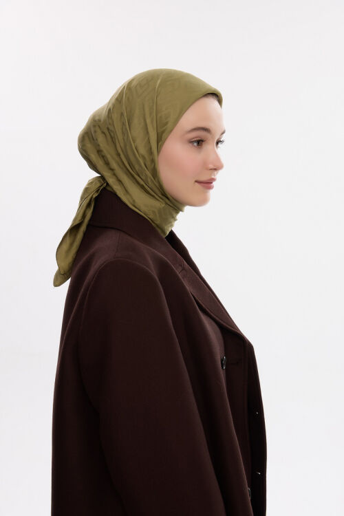 İpeksi Jakar Dama Desen Eşarp - Haki - Camellia Scarfs (1)