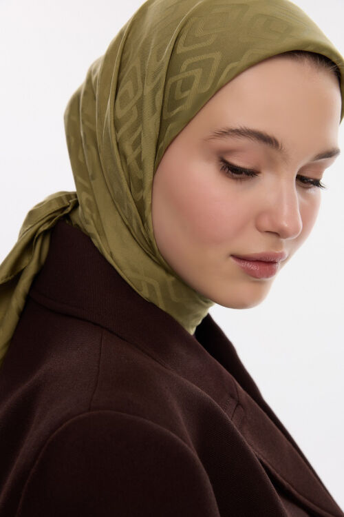 İpeksi Jakar Dama Desen Eşarp - Haki - Camellia Scarfs