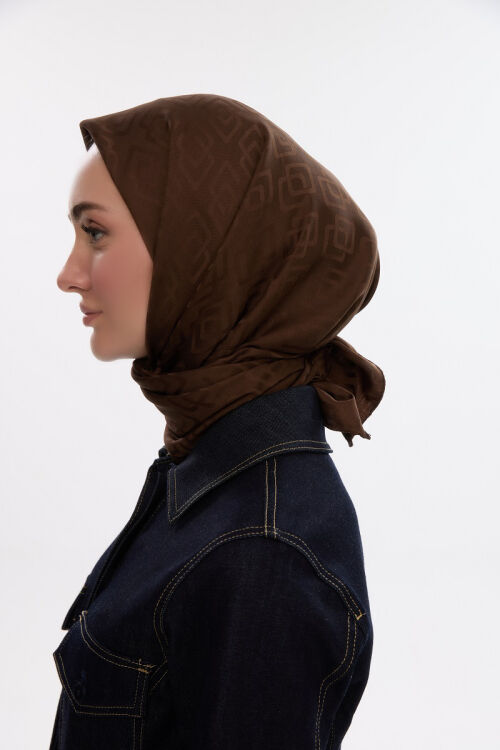 İpeksi Jakar Dama Desen Eşarp - Kahve - Camellia Scarfs