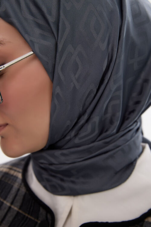 İpeksi Jakar Dama Desen Eşarp - Koyu Gri - Camellia Scarfs (1)