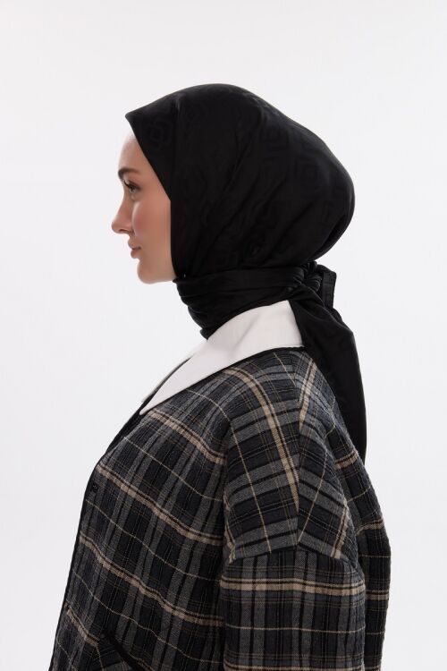 İpeksi Jakar Dama Desen Eşarp - Siyah - Camellia Scarfs (1)