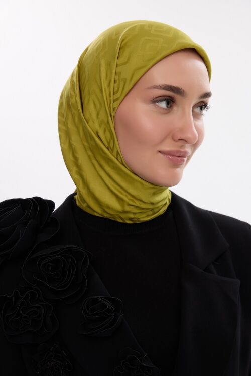 İpeksi Jakar Dama Desen Eşarp - Yağ Yeşilli - Camellia Scarfs