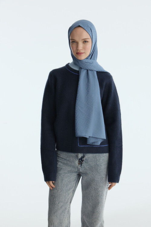 İpeksi Jakar Elegant Desen Şal - İndigo - Camellia Scarfs (1)