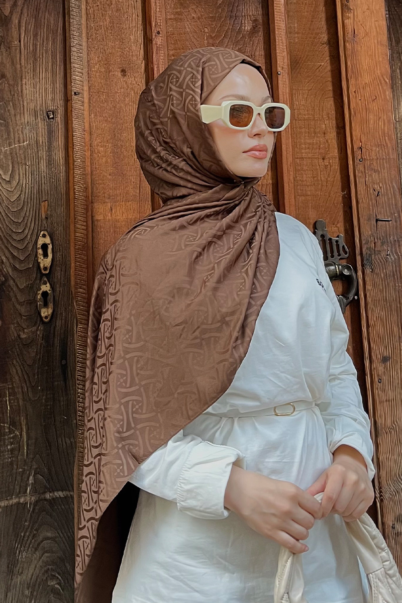 İpeksi Jakar Elegant Desen Şal - Kahve - 1