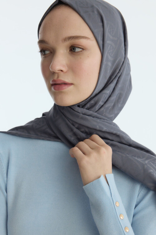 İpeksi Jakar Elegant Desen Şal - Koyu Gri - Camellia Scarfs (1)
